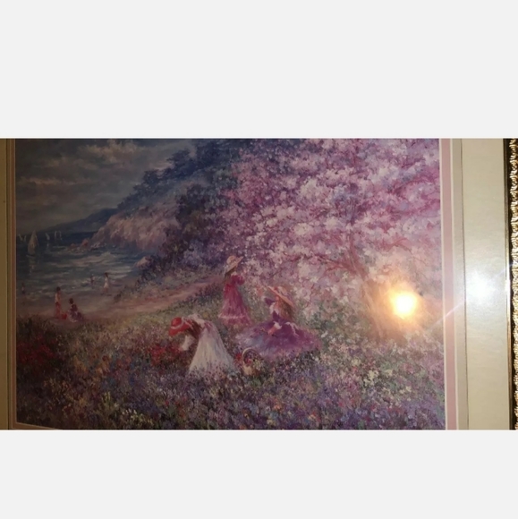 LARGE HOME INTERIOR PICTURE, KIDS AT THE BEACH, PINK & GOLD FRAME. 27.5" X 23.5" - Picture 2 of 10